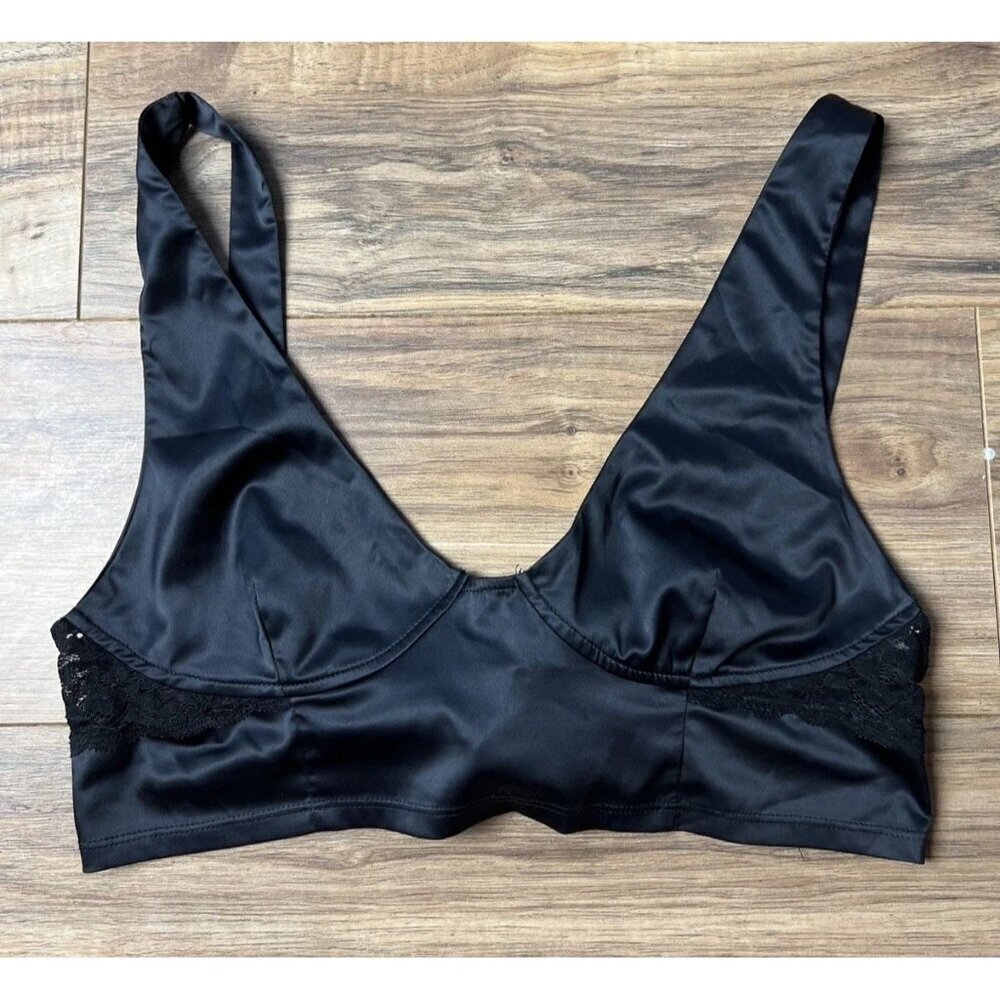 Free People Intimately Black Satin Lace Trim Tie Back Bra Size Medium Women's
